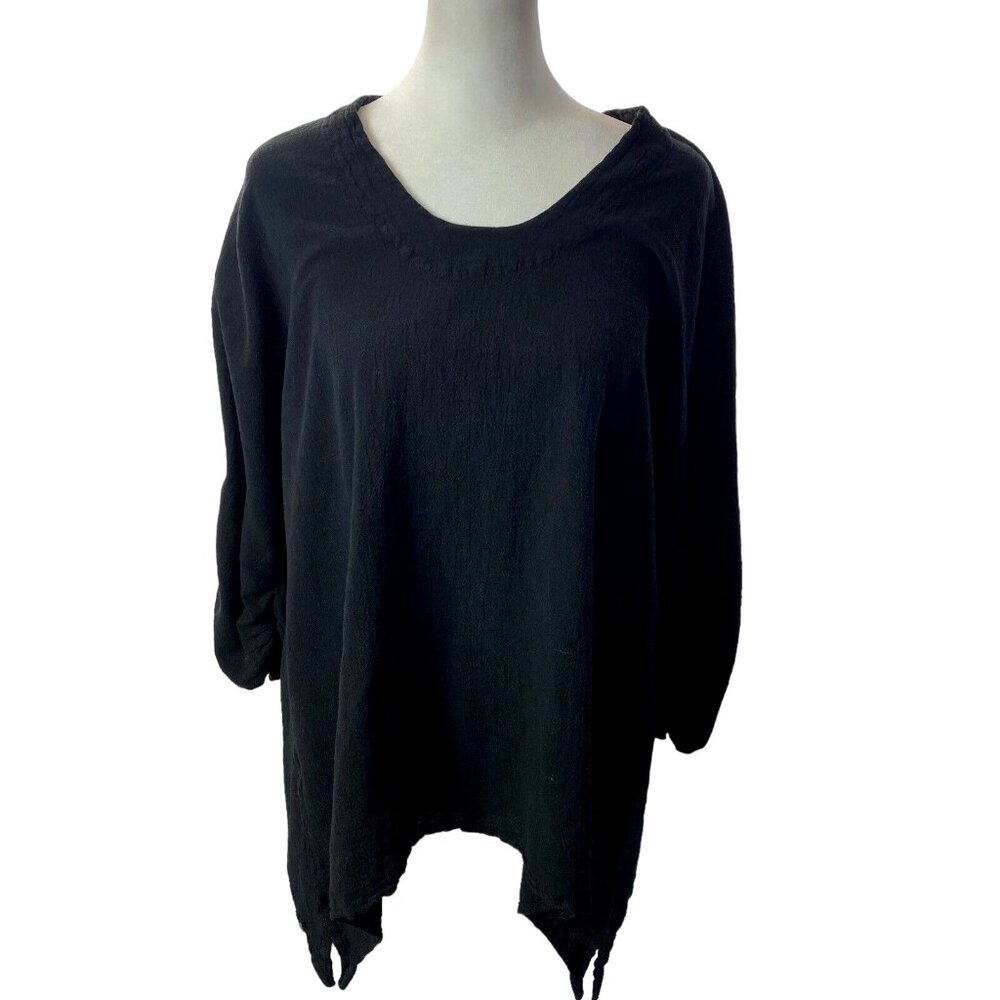 ABACA Women Gauze Sharkbite Hem 3/4 Sleeve Blouse Sz L Black Lagenlook 46-10